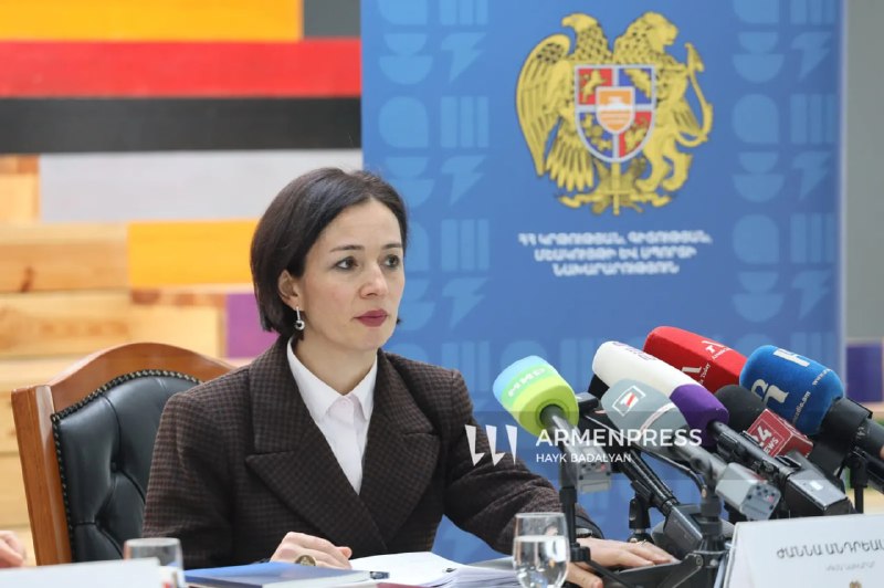 Министр образования Армении Жанна Андреасян на фоне школы